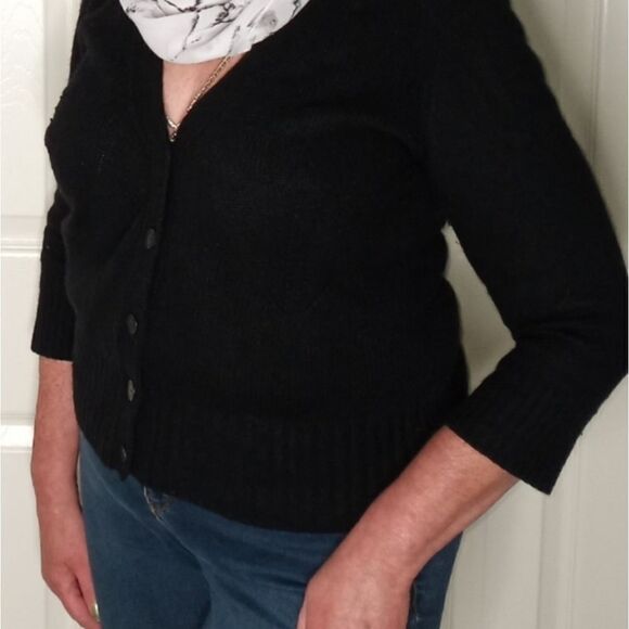 Ann Taylor L BlackWoolModalBlend 3/4 SleeveV-neckKnittedButtonUp Women'sCardigan - Picture 5 of 5